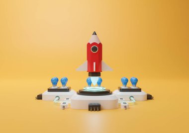 Pencil rocket launch by creative idea, mission to the moon, 3d illustration