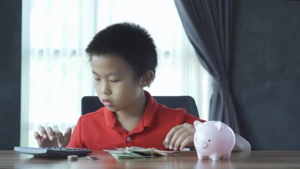 Αγόρι Που Μετράει Κέρδη Του Πίσω Από Ένα Κουμπαρά Πλάνα — Αρχείο Βίντεο