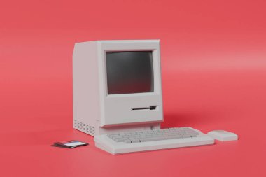 Retro masaüstü bilgisayarı, klasik aygıt, 3D üretilmiş, yapay zeka değil.