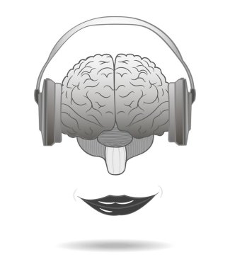 Müzik konsepti zevk. Kulaklıklardan müzik bir gülümseme ile insan beyni 