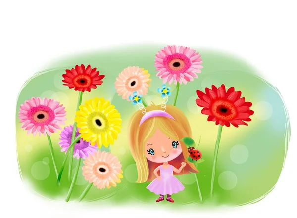 一个大脑袋的卡通片女走在一个开着花的草地上 — 图库照片