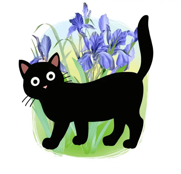 Černá Kreslená Kočka Květinách — Stock fotografie