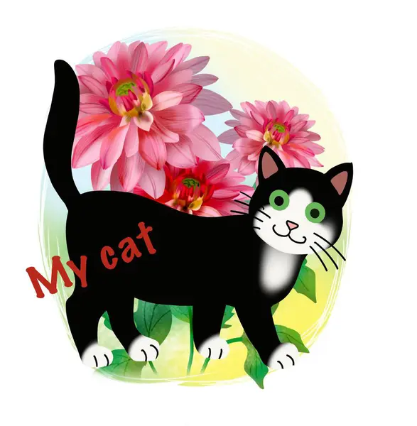 Schwarze Cartoon Katze Blumen — Stockfoto