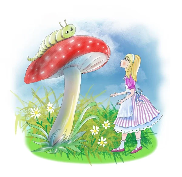 在毛虫蘑菇前的仙境中的爱丽丝 — 图库照片