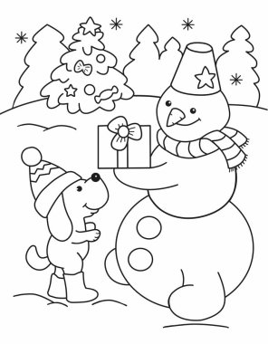 Çizgi filmdeki kardan adam renkli çizim için köpeğe hediye veriyor.