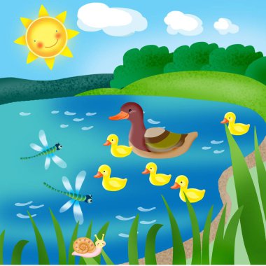 Gölette ördek yavrusu olan ördek.