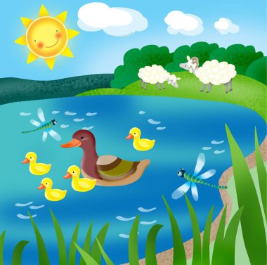 Ördekli ördekler gölde, kuzular da çizgi filmlerde çocuklar için.