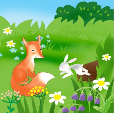 Çizgi film tilkisi ve haham çiçeklerin arasında çayırda