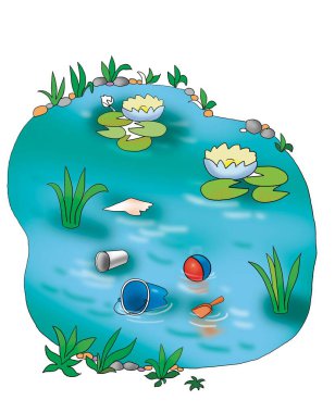 Çöplerle dolu çizgi film göleti, çöpü bulup daire içine almam lazım. çocuklar için geliştirme