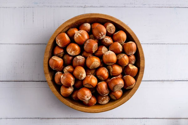 Shell Hazelnuts Bowl View Studio Shoot Isolated Light Wooden Background Stock Image