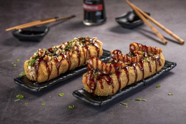 Fried Sushi Roll Brazilian style. Sushi dog.