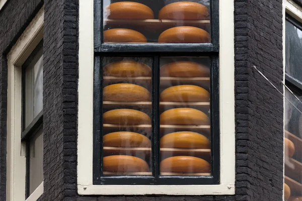 Köpfe Traditioneller Holländischer Käse Der Schaufensterauslage Amsterdam Straße Niederlande — Stockfoto