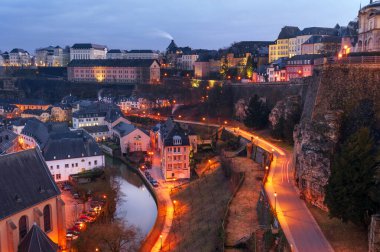 Lüksemburg, Ville Haute 'den Grund ilçesine her gece panoramik manzara