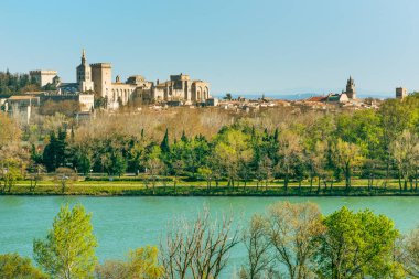 Rhone nehri, Provence, Fransa 'daki tarihi Avignon ve Papalık Sarayı Panoraması