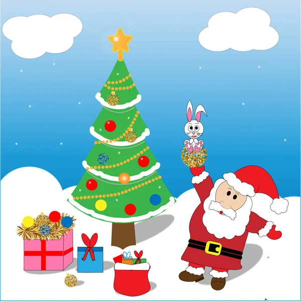 Kreslené Ilustrace Santa Clause Zdobený Vánoční Stromek Dárkem — Stock fotografie
