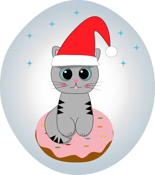 Kätzchen Mit Neujahrsmütze Sitzt Auf Rosa Donut — Stockfoto