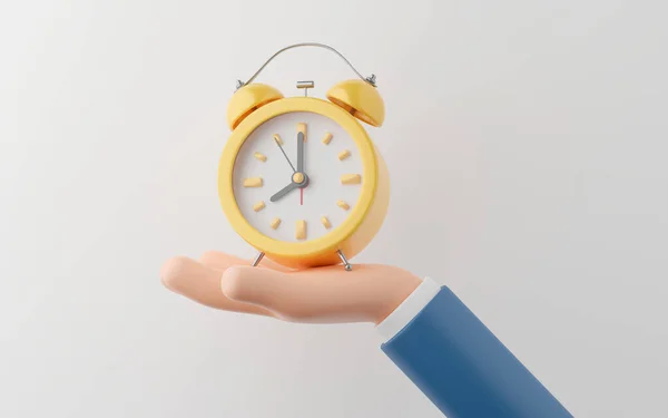 白い背景に黄色い目覚まし時計を持つビジネスマンの手 3Dイラスト — ストック写真