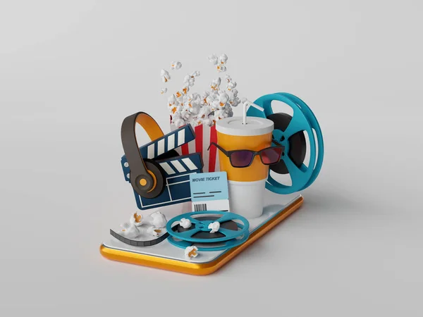 3d illustration of Streaming online application, watching movie online on smartphone or buy ticket online