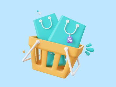 3D karikatür tasarımı. Alışveriş arabası ve indirim etiketli alışveriş poşetleri. İnternetten alışveriş kavramı..