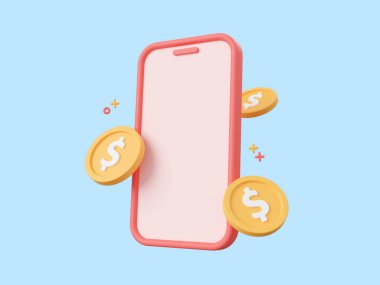 3d karikatür tasarımı Dijital cüzdan ve mobil bankacılık uygulaması, Çevrimiçi ödemeler, Transfer ve tasarruf para konsepti çizimi.