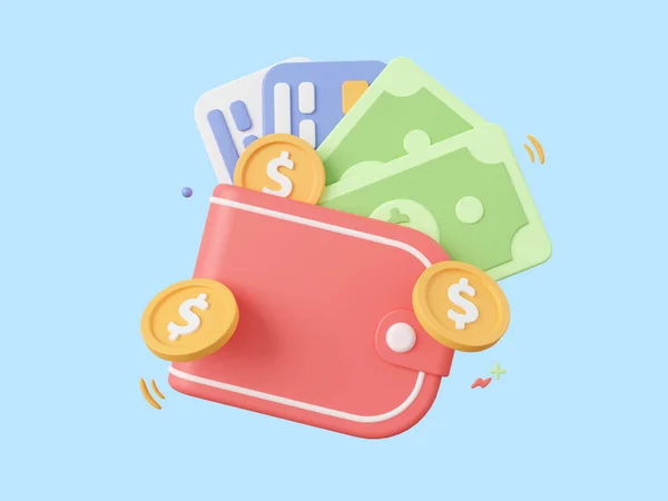 クレジットカード ドルコインと銀行券と財布の3D漫画のデザインイラスト お金の節約の概念 — ストック写真
