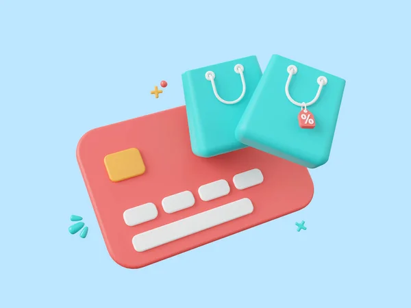 3d cartoon design illustration of Credit cards with shopping bags, Shopping online and payments by credit card.