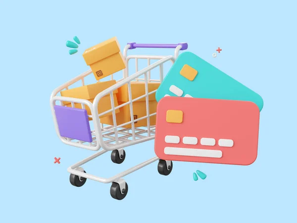 Cartoon Design Illustration Parcel Boxes Shopping Cart Credit Cards Shopping — Stock Photo, Image