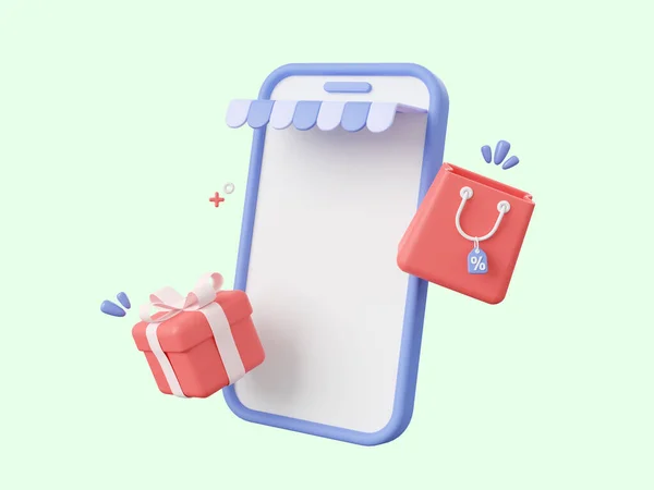 Kreskówka Projekt Ilustracja Smartfona Torbą Zakupy Pudełko Prezenty Zakupy Online — Zdjęcie stockowe