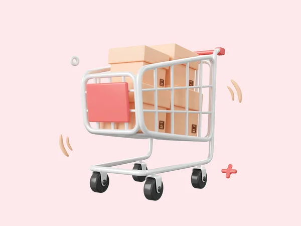小包ボックス付きショッピングカート ピンクの背景に隔離された3D漫画のアイコン 3Dイラスト — ストック写真