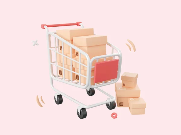 Shopping Cart Parcel Box Cartoon Icon Isolated Pink Background Illustration — Stock Photo, Image