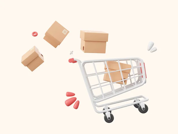 Winkelwagen Met Pakketdoos Cartoon Icoon Geïsoleerd Witte Achtergrond Illustratie — Stockfoto