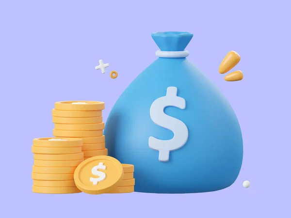 3D漫画のデザインイラストのマネーバッグとドルコイン お金の節約の概念 — ストック写真