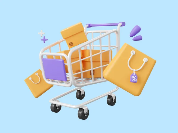 割引タグ付き小包ボックスやショッピングバッグとショッピングカートの3D漫画デザインイラスト ショッピングオンラインコンセプト — ストック写真