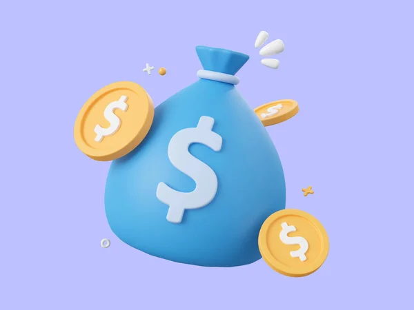 3D漫画のデザインイラストのマネーバッグとドルコイン お金の節約の概念 — ストック写真
