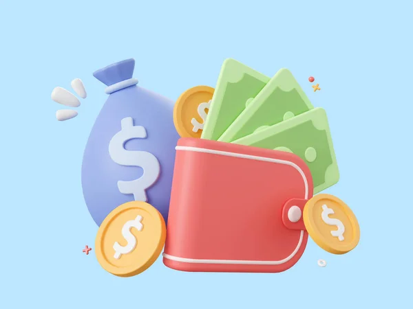 ドルコインと銀行券と財布の3D漫画のデザインイラスト お金の節約の概念 — ストック写真