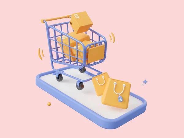 3d cartoon design illustration of Smartphone with shopping cart and parcel box, Shopping bag with discount tag, Shopping online on mobile concept.