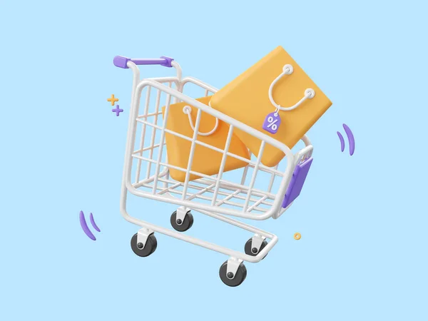 3d cartoon design illustration of Shopping cart and shopping bags with discount tag, Shopping online concept.
