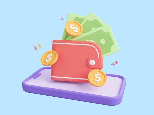 3D漫画は デジタル財布やモバイルバンキングアプリケーションのイラストをデザイン オンライン決済 送金とお金の概念を保存 — ストック写真