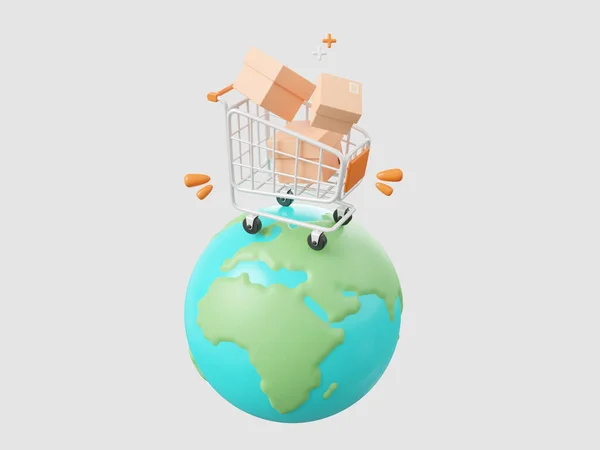Cartoon Design Illustration Parcel Boxes Shopping Cart Globe Global Shopping — Stock Photo, Image