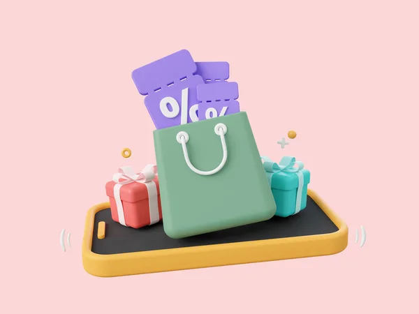 Ndirim Kodu Hediye Kutuları Alışveriş Çantası Olan Smartphone Karikatür Tasarımı — Stok fotoğraf