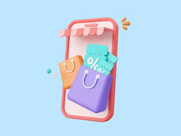 Cartoon Design Illustration Shop Smartphone Discount Code Shopping Bag Advertising — Stock Photo, Image
