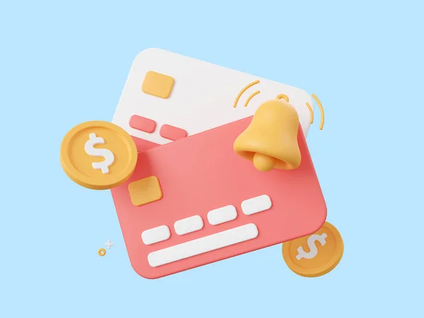 3d cartoon design illustration of Credit card with bell notification icon, payment notification, payment due date, reminder notification concept.