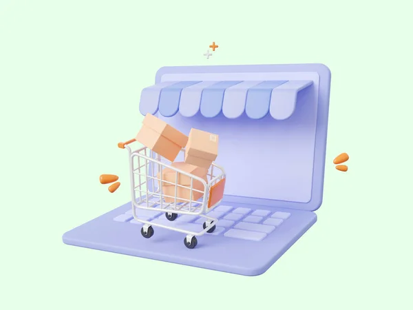 Cartoon Design Illustration Laptop Shopping Cart Shopping Online Concept — Stock Photo, Image