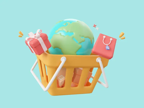 3d cartoon design illustration of globe in shopping basket with parcel boxes and shopping bags, Shopping online world wide concept.