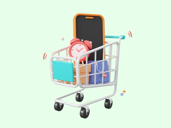 Cartoon Design Illustration Des Smartphones Warenkorb Mit Paketkasten Einkaufstasche Und — Stockfoto