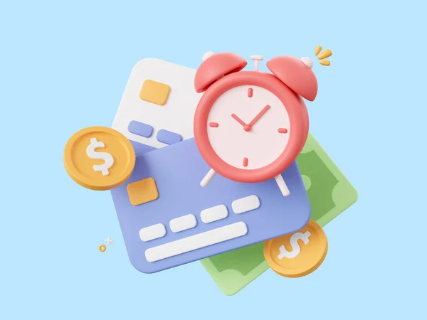 3d cartoon design illustration of Credit card with alarm clock notification icon, payment notification, payment due date, reminder notification concept.