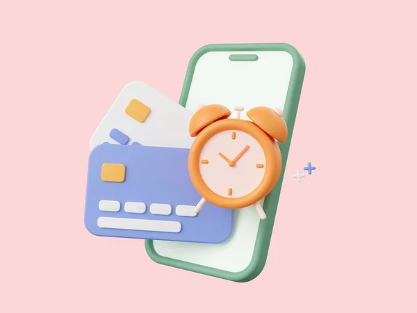 Ilustracja Kreskówka Projekt Smartfona Karta Kredytowa Ikoną Powiadomienia Budzik Powiadomienie — Zdjęcie stockowe
