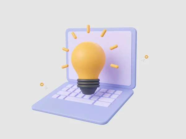 3d cartoon design illustration of Laptop with light bulb, Startup business idea concept.