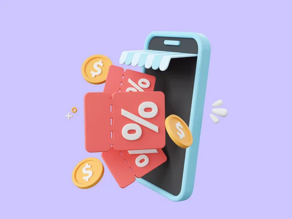 割引コードとコインを持つショップスマートフォンの3D漫画デザインイラスト 広告マーケティングプロモーションコンセプト — ストック写真