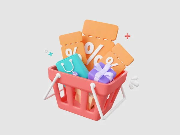 Cartoon Design Illustration Des Rabattcodes Mit Einkaufstasche Paketbox Und Geschenkbox — Stockfoto